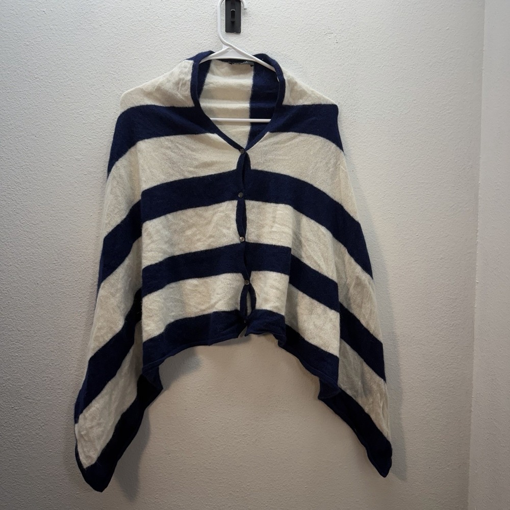 Forte 100% cashmere poncho wrap shawl Navy White Striped Button Up Cover Up OS